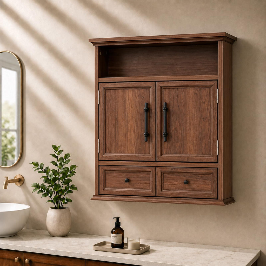 24" Wall Mounted Bathroom Storage Cabinet with Adjustable Shelf, Open Shelf, Double Doors and Drawer, Walnut X8781