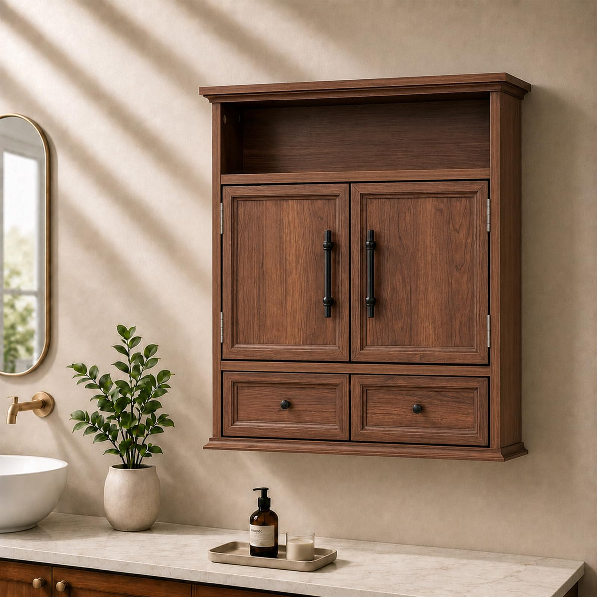 24" Wall Mounted Bathroom Storage Cabinet with Adjustable Shelf, Open Shelf, Double Doors and Drawer, Walnut X8781