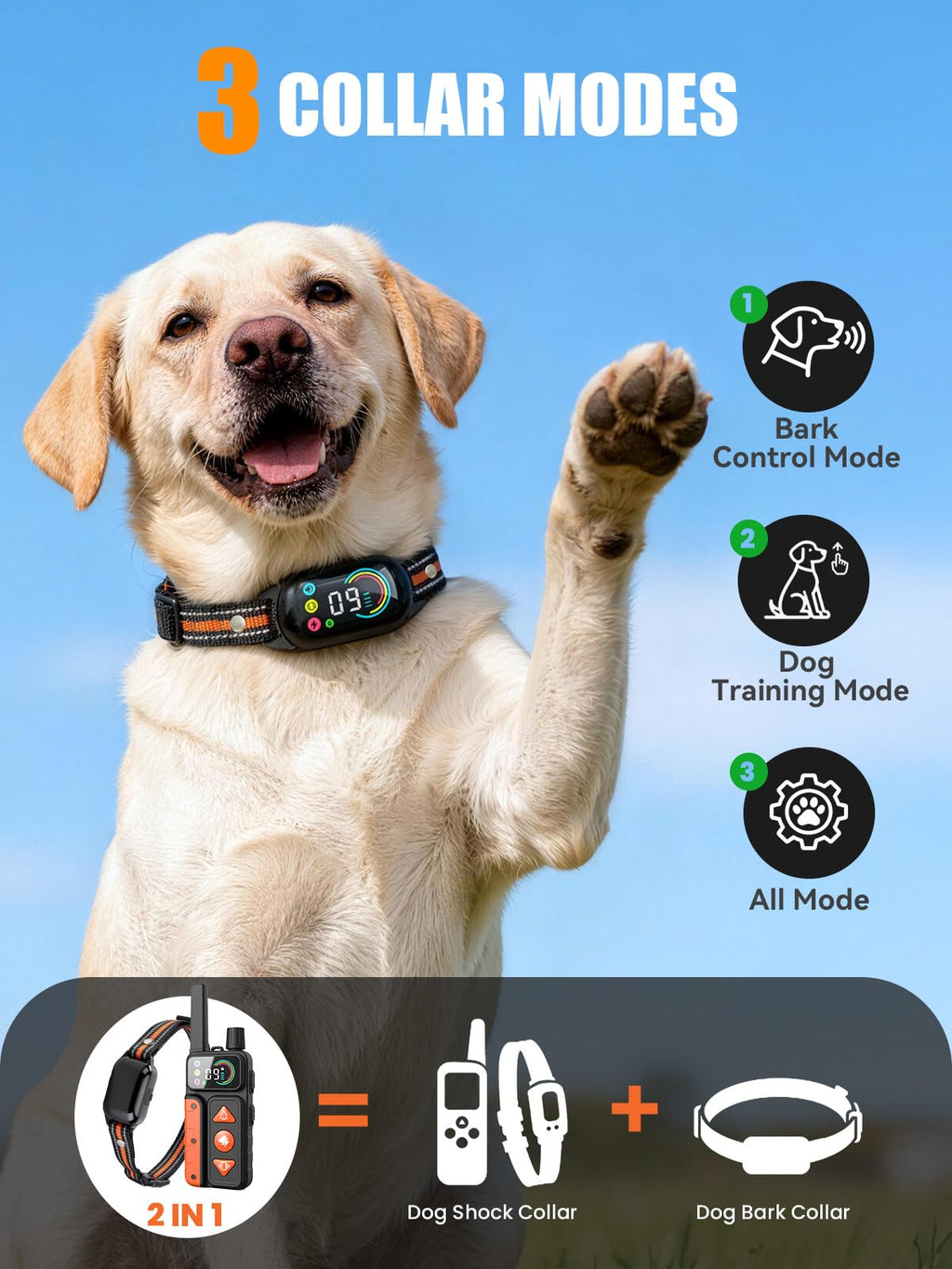2-in-1 Dog Bark Collar & Shock Collar, IPX7 Waterproof E Collars with AI Anti-Bark/Beep/Vibration/Shock/no Shock for Small Medium Large Dog(5-120Lbs), Dog Training Collar with 3300FT Remote N3147