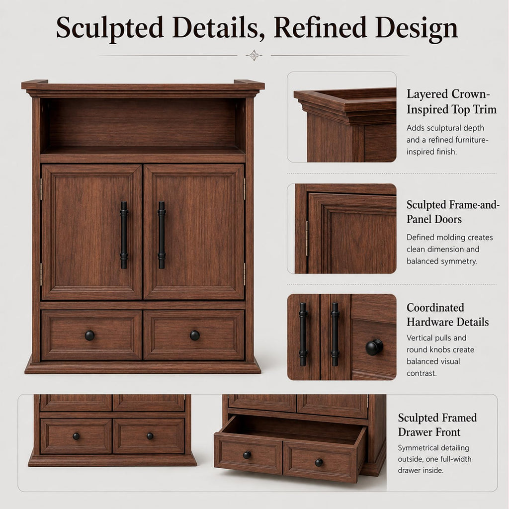 24" Wall Mounted Bathroom Storage Cabinet with Adjustable Shelf, Open Shelf, Double Doors and Drawer, Walnut X8781