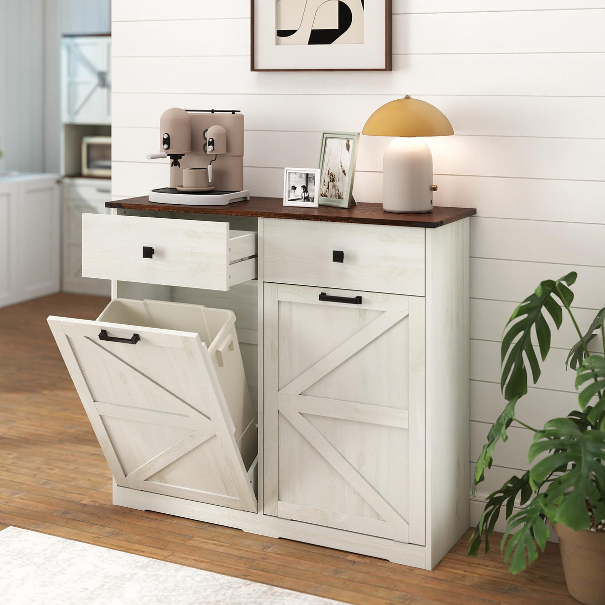 Double Tilt Out Trash Cabinet with Storage Drawers, Antique White Z5772
