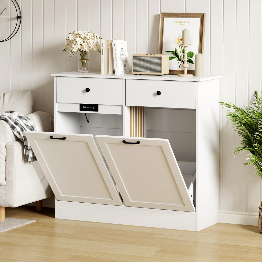 White 20-Gallon Wooden Tilt-Out Trash Can Cabinet T21951