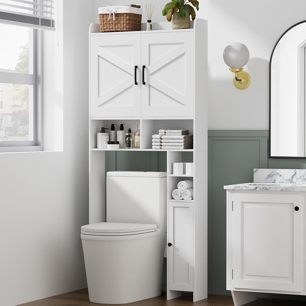 Wooden Over The Toilet Storage Cabinet with Barn Door F418590