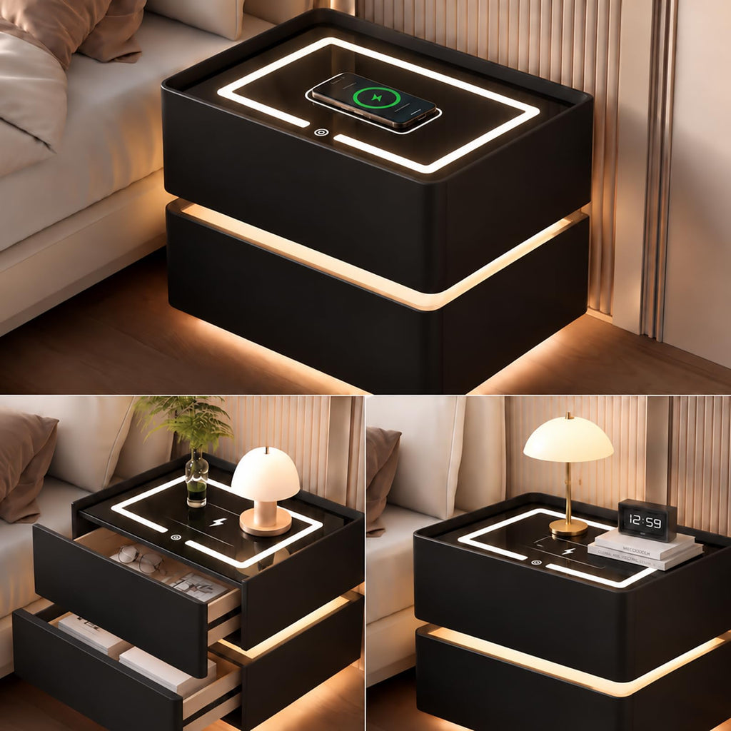 Black Solid Wood Nightstand with Wireless Charging and Drawers D399