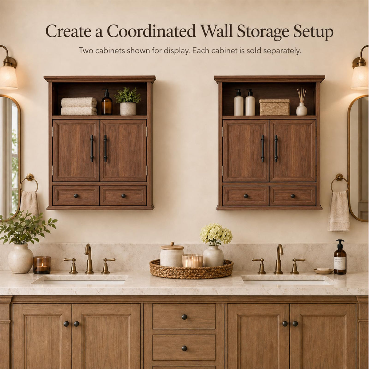24" Wall Mounted Bathroom Storage Cabinet with Adjustable Shelf, Open Shelf, Double Doors and Drawer, Walnut X8781