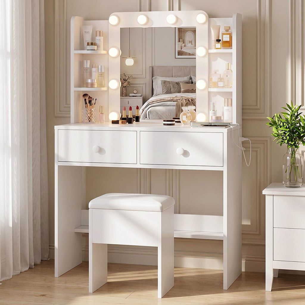 White Vanity Desk with Mirror and Chair Set P342842