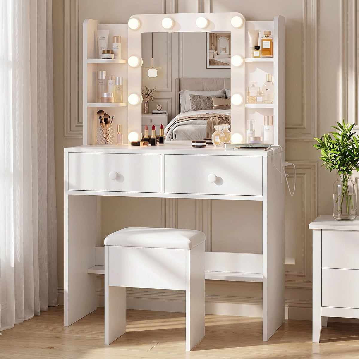 White Vanity Desk with Mirror and Chair Set P342842