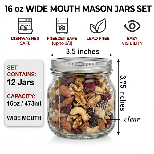 12 Pack 16Oz Wide Mouth Glass Mason Jars with Airtight Lids J2544
