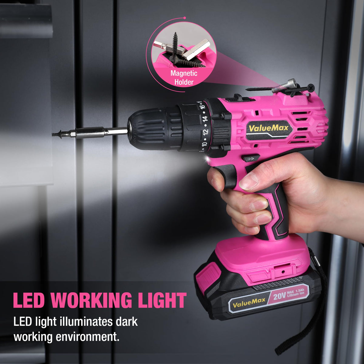 Pink 20V Cordless Drill Set with Battery and Charger W7001
