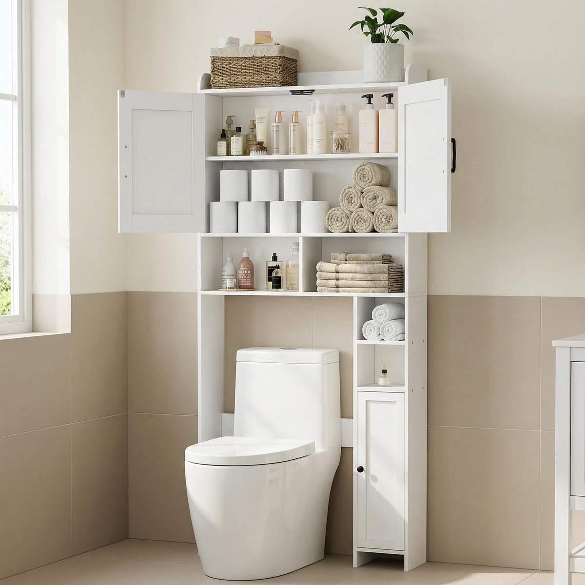 Wooden Over The Toilet Storage Cabinet with Barn Door F418590