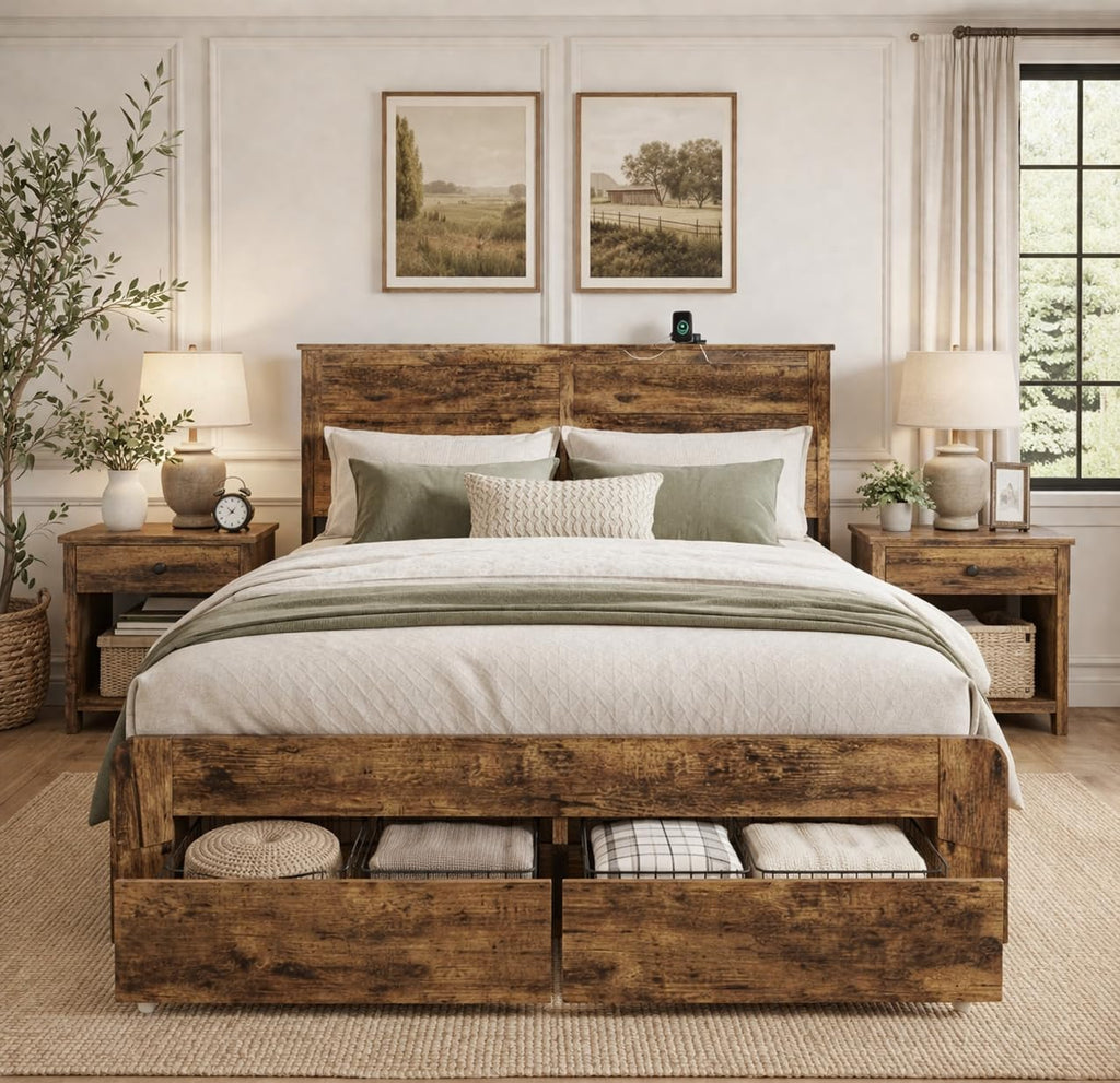 Queen Size Wooden Bed Frame with Storage Drawers G2860