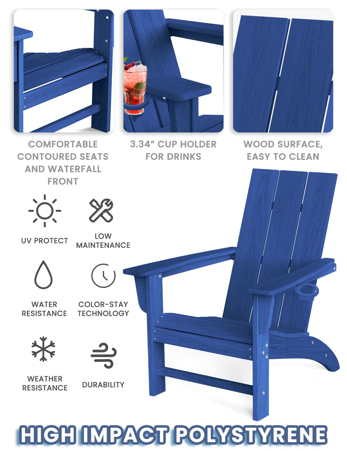 Adirondack Chair with Cup Holder, HDPE Plastic Patio Chairs F86560