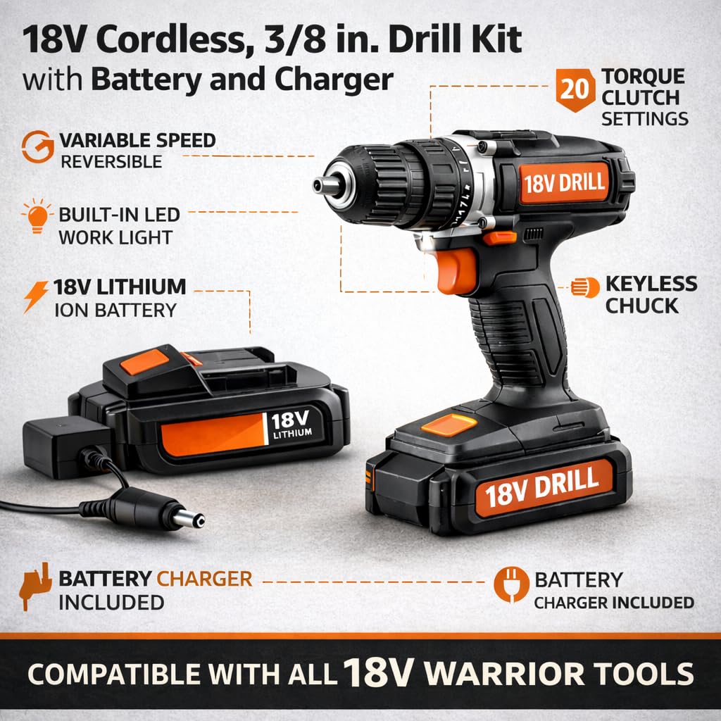18V Replacement Battery and Charger Kit with 3/8" Cordless Drill P82483