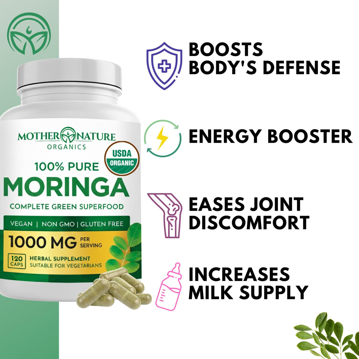 Organic Moringa Leaf Capsules 1000mg 120 Ct Y357