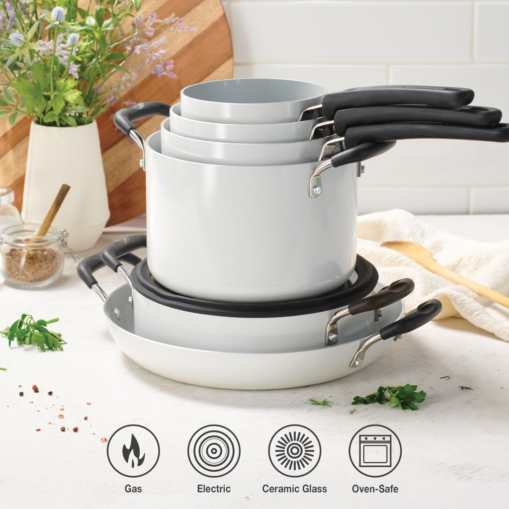 Ceramic Non Stick 11-Piece Nesting Pots and Pans Set White D834
