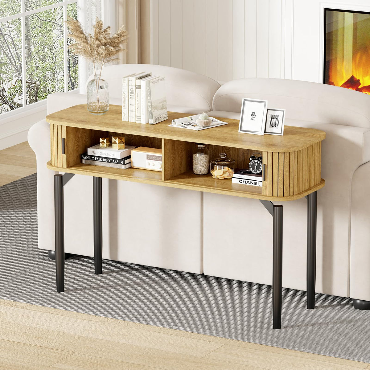 47" Fluted Narrow Console Table with 2 Drawers & Sliding Door G77454