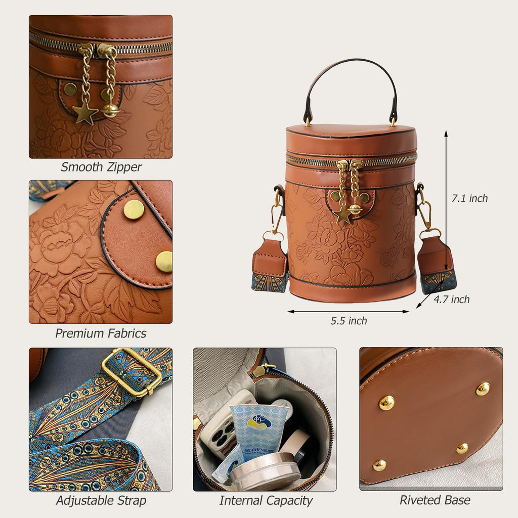 Round Barrel Bucket Bag Embossed Vegan Leather Crossbody Handbag L778