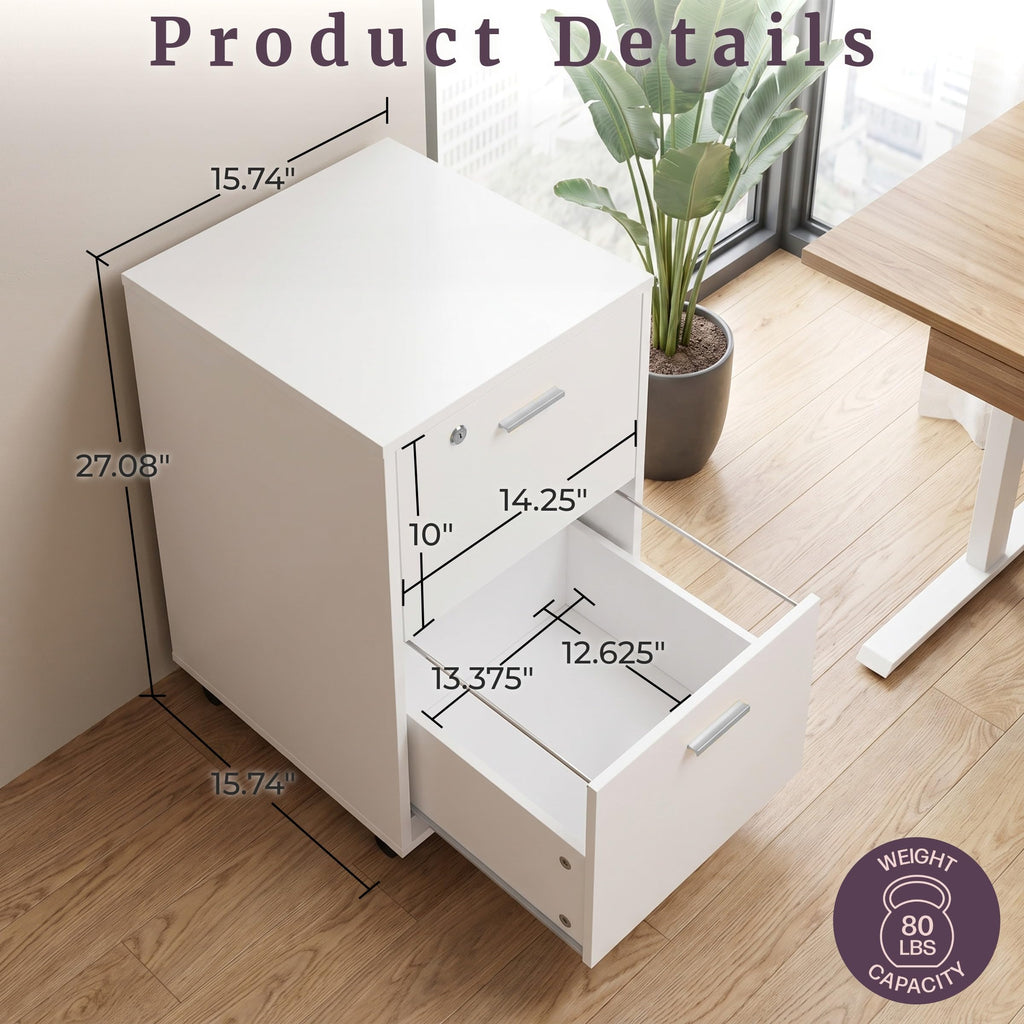White 2-Drawer Wooden File Cabinet with Lock L23192