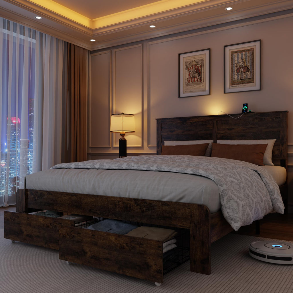 Queen Size Wooden Bed Frame with Storage Drawers G2860