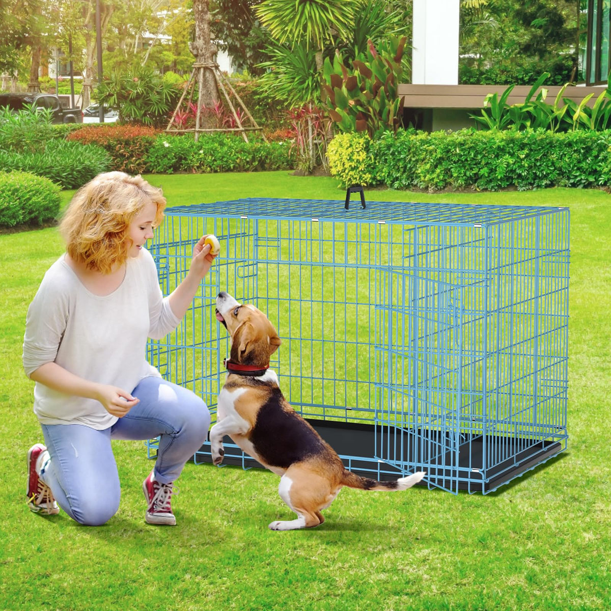48 Inch Extra Large Double Door Folding Metal Dog Crate with Divider Panel M84040