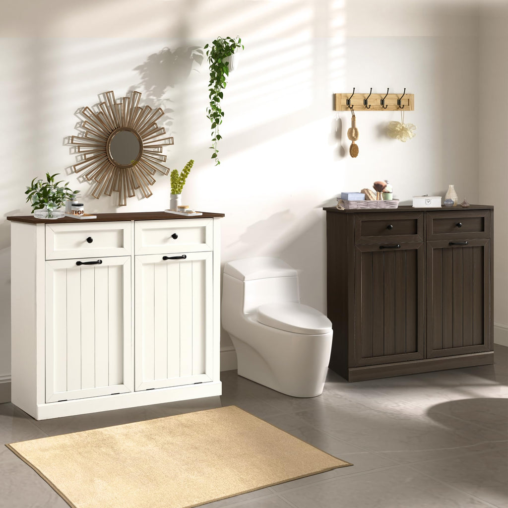 White 22 Gallon Wooden Laundry Hamper Cabinet with 2 Drawers K517097