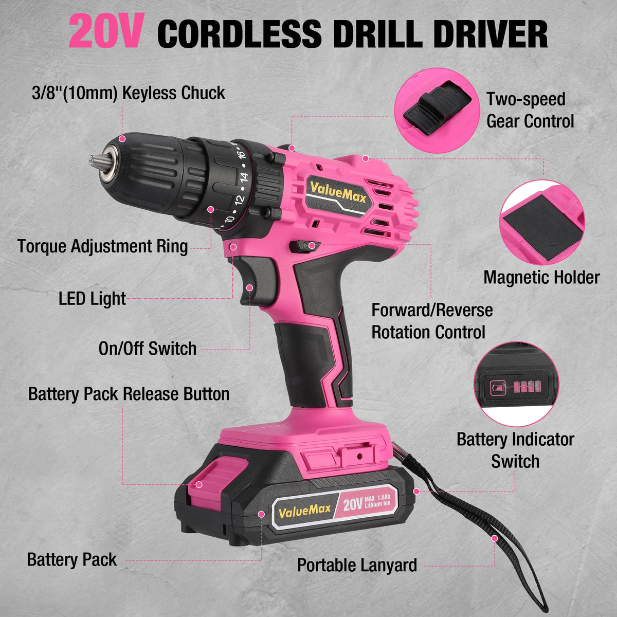 Pink 20V Cordless Drill Set with Battery and Charger W7001