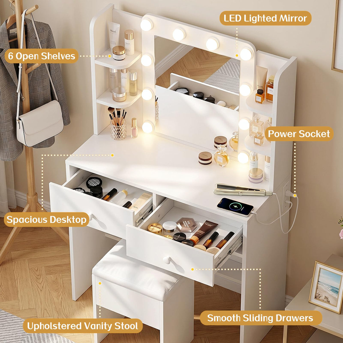 White Vanity Desk with Mirror and Chair Set P342842