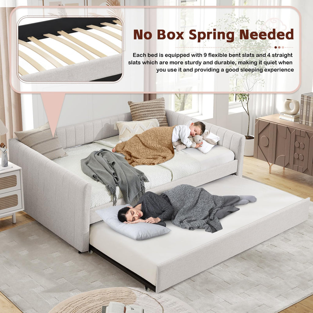 Linen Fabric Upholstered Full Size Daybed with Twin Trundle U95399