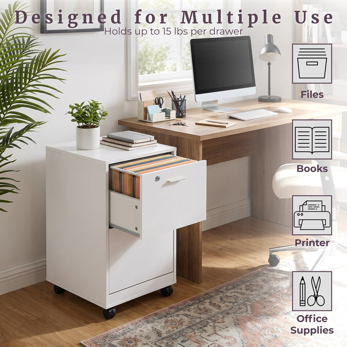 White 2-Drawer Wooden File Cabinet with Lock L23192