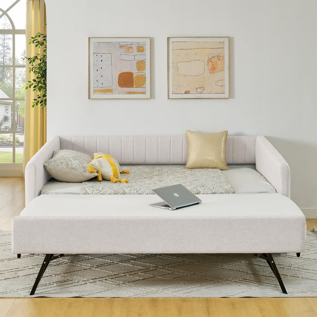 Linen Fabric Upholstered Full Size Daybed with Twin Trundle U95399
