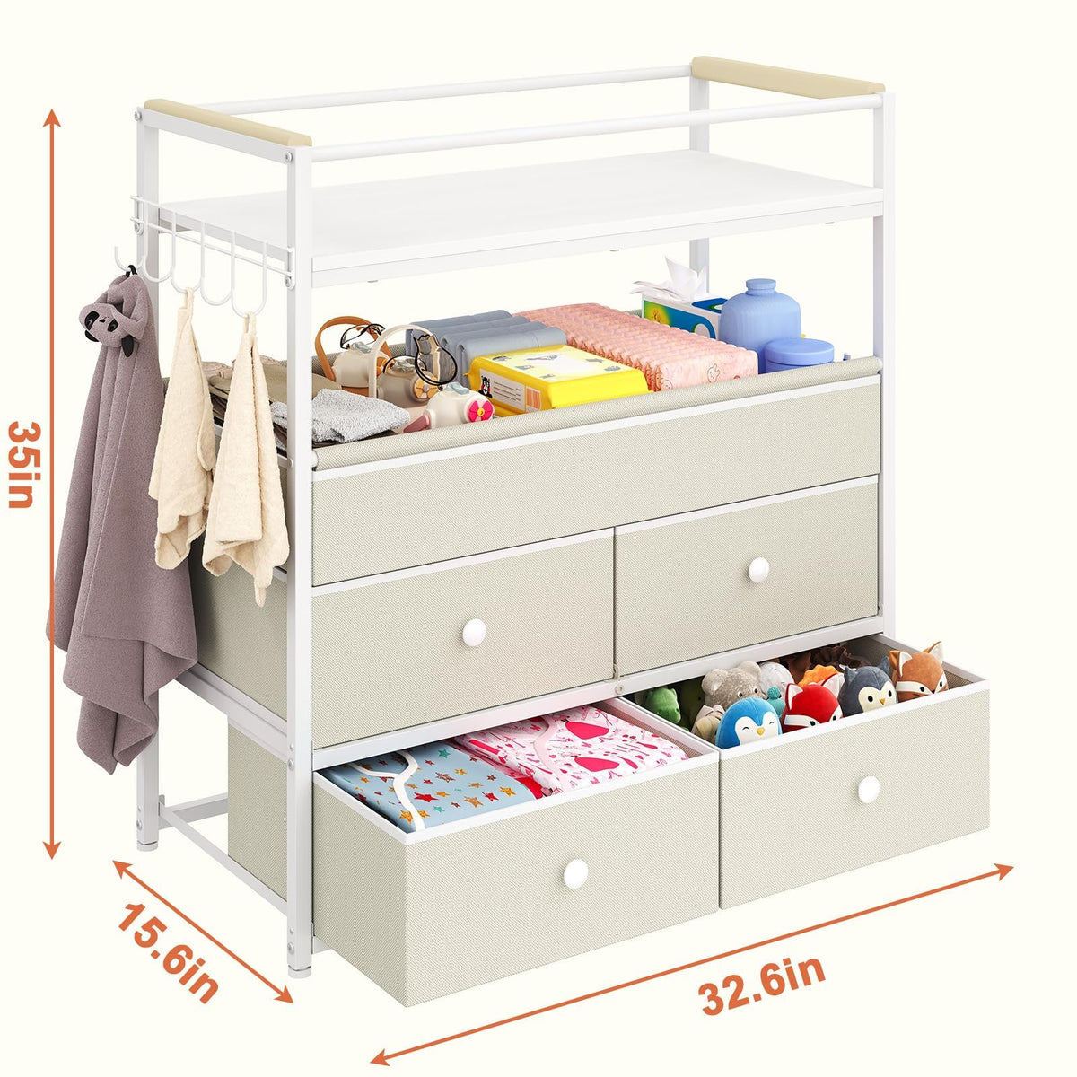 Baby Diaper Changing Table Dresser with Safety Bumper and 4 Drawer X3199