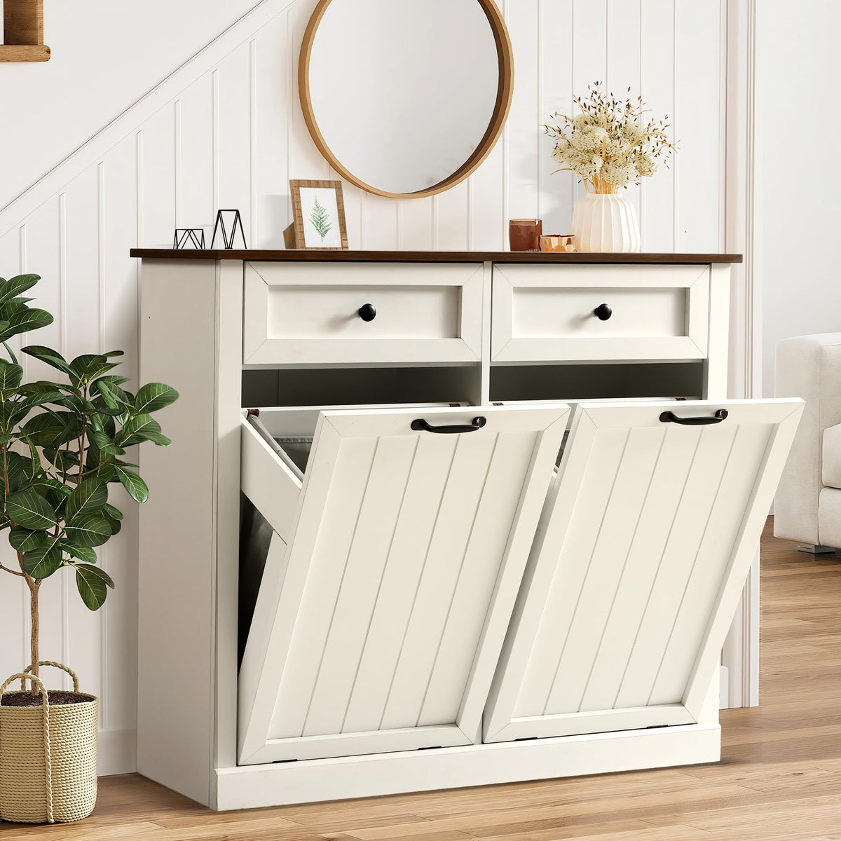 White 22 Gallon Wooden Laundry Hamper Cabinet with 2 Drawers K517097