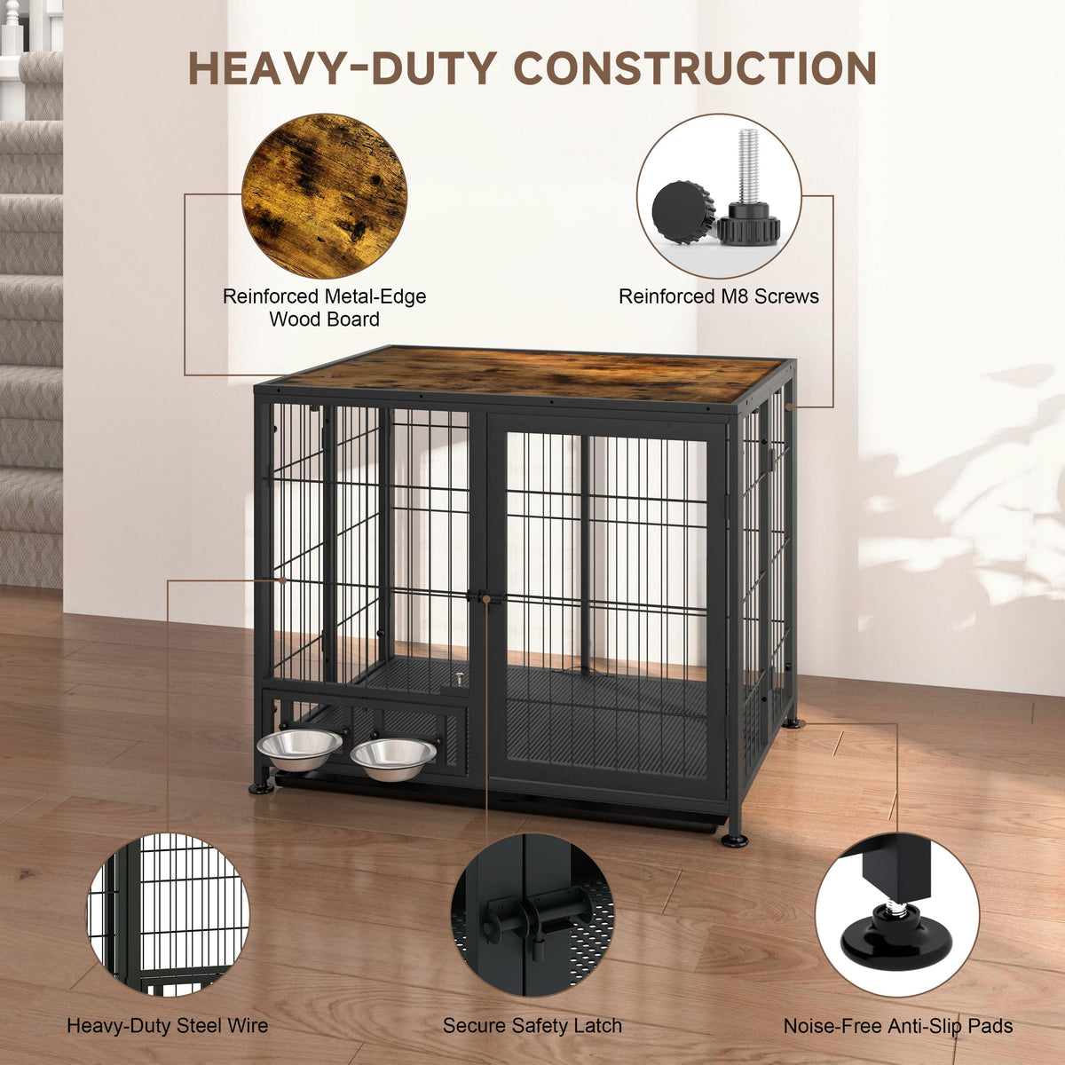 Heavy Duty Foldable Dog Crate with Wheels & Feeding Bowls M596