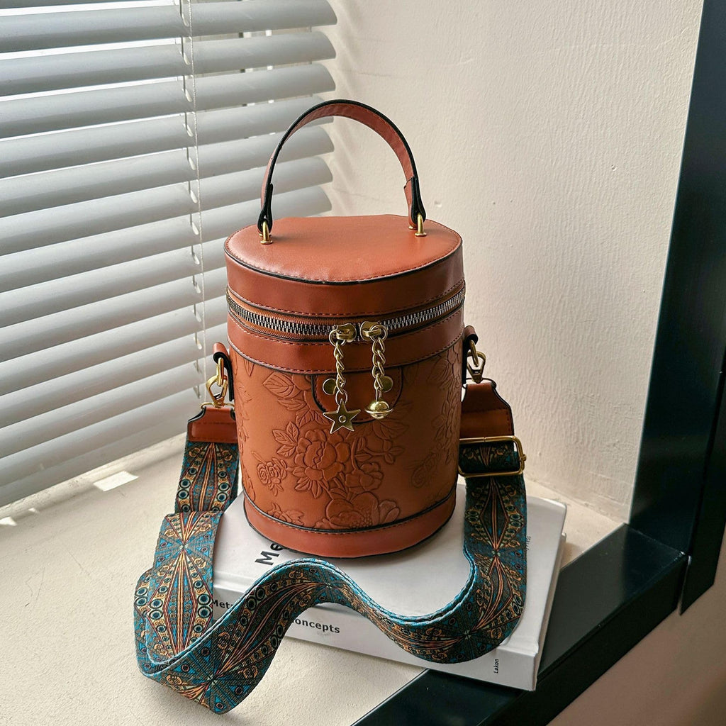 Round Barrel Bucket Bag Embossed Vegan Leather Crossbody Handbag L778