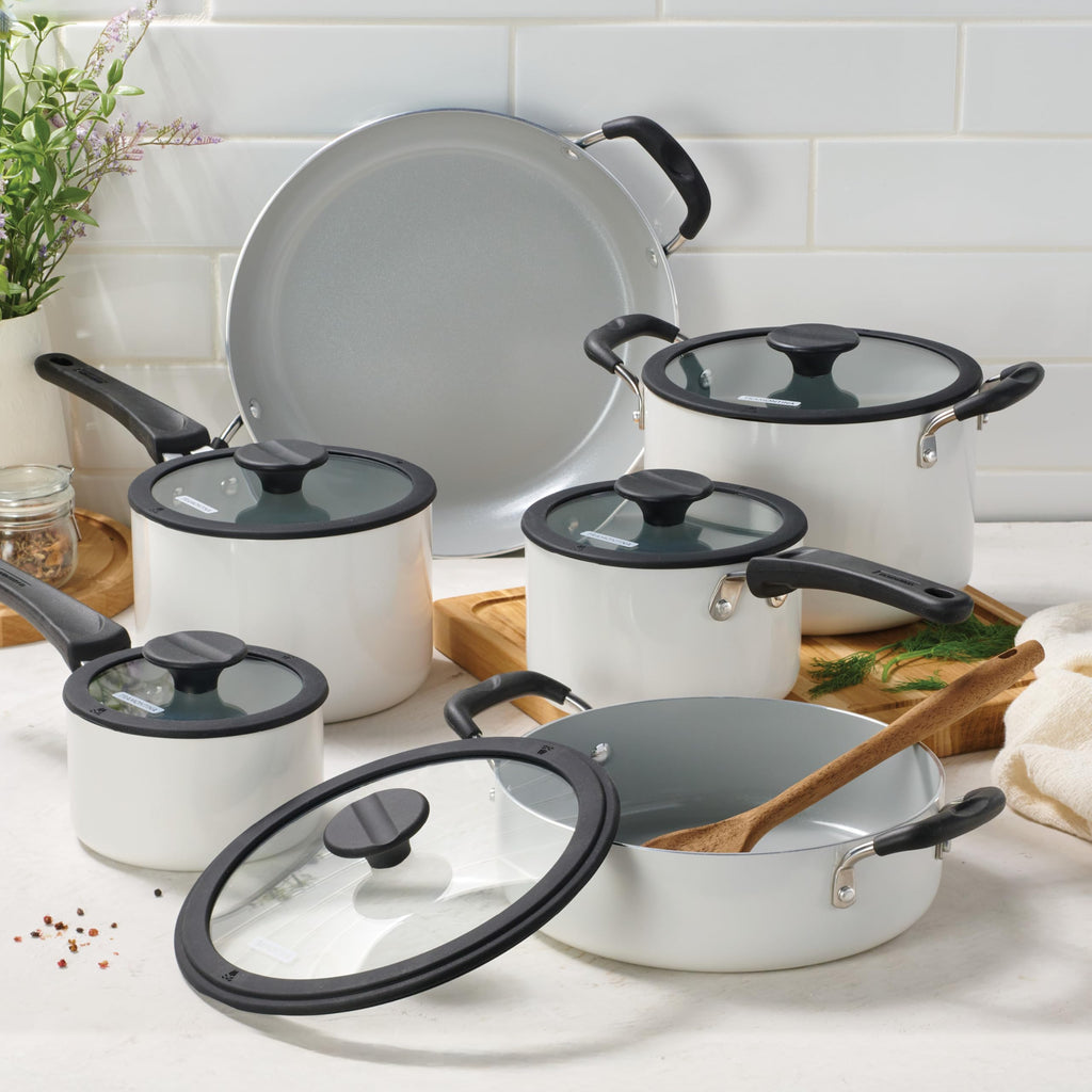 Ceramic Non Stick 11-Piece Nesting Pots and Pans Set White D834
