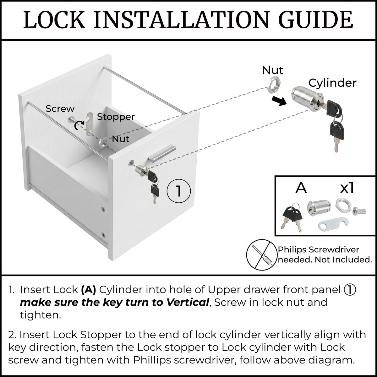 White 2-Drawer Wooden File Cabinet with Lock L23192