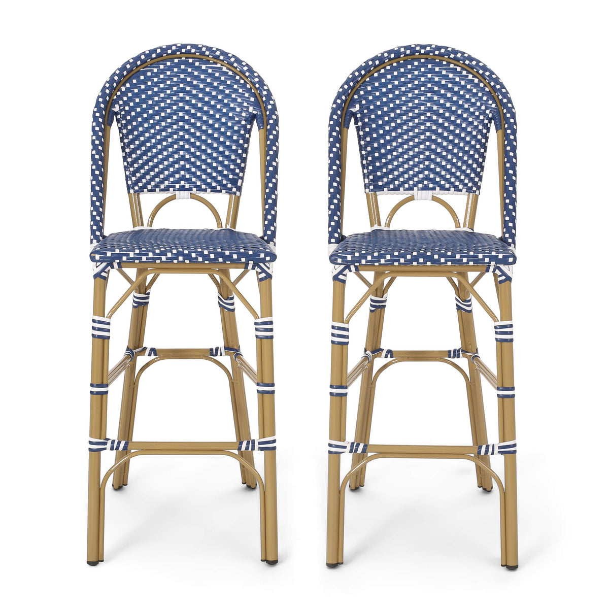 29.5" Outdoor PE Rattan Bar Stool, Dark Teal and White, Set of 2 L400