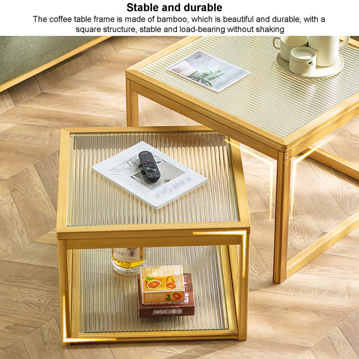 Square Glass Nesting Coffee Tables Set of 2 with Bamboo Frame P847