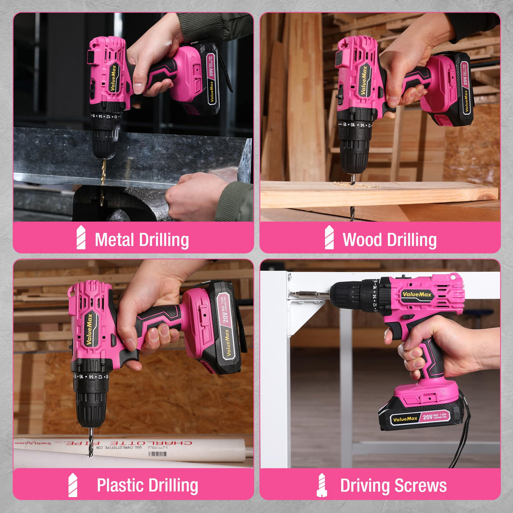 Pink 20V Cordless Drill Set with Battery and Charger W7001
