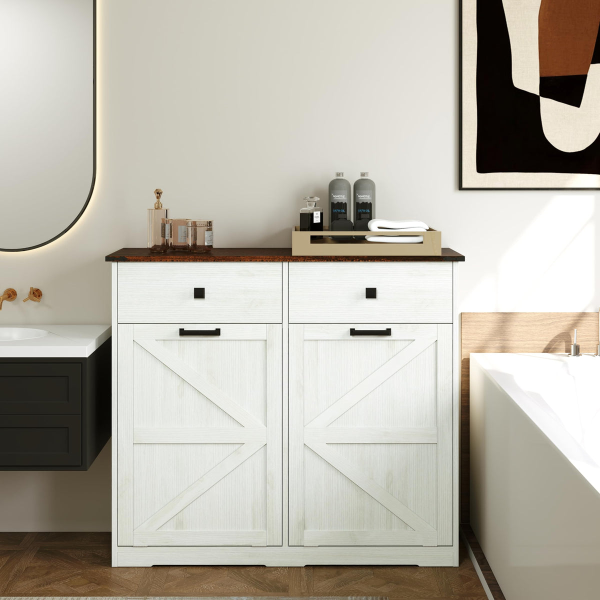 Double Tilt Out Trash Cabinet with Storage Drawers, Antique White Z5772