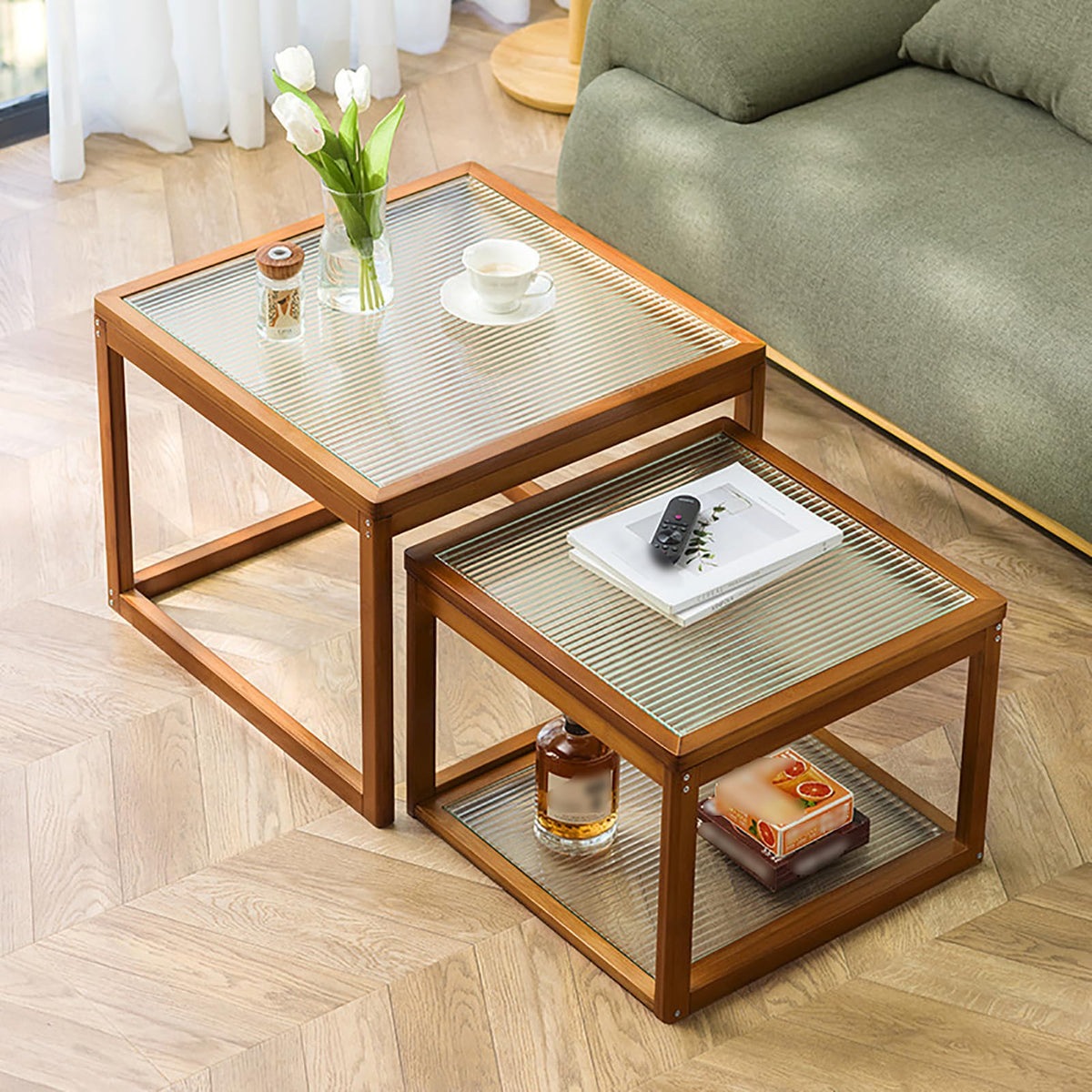 Square Glass Nesting Coffee Tables Set of 2 with Bamboo Frame P847