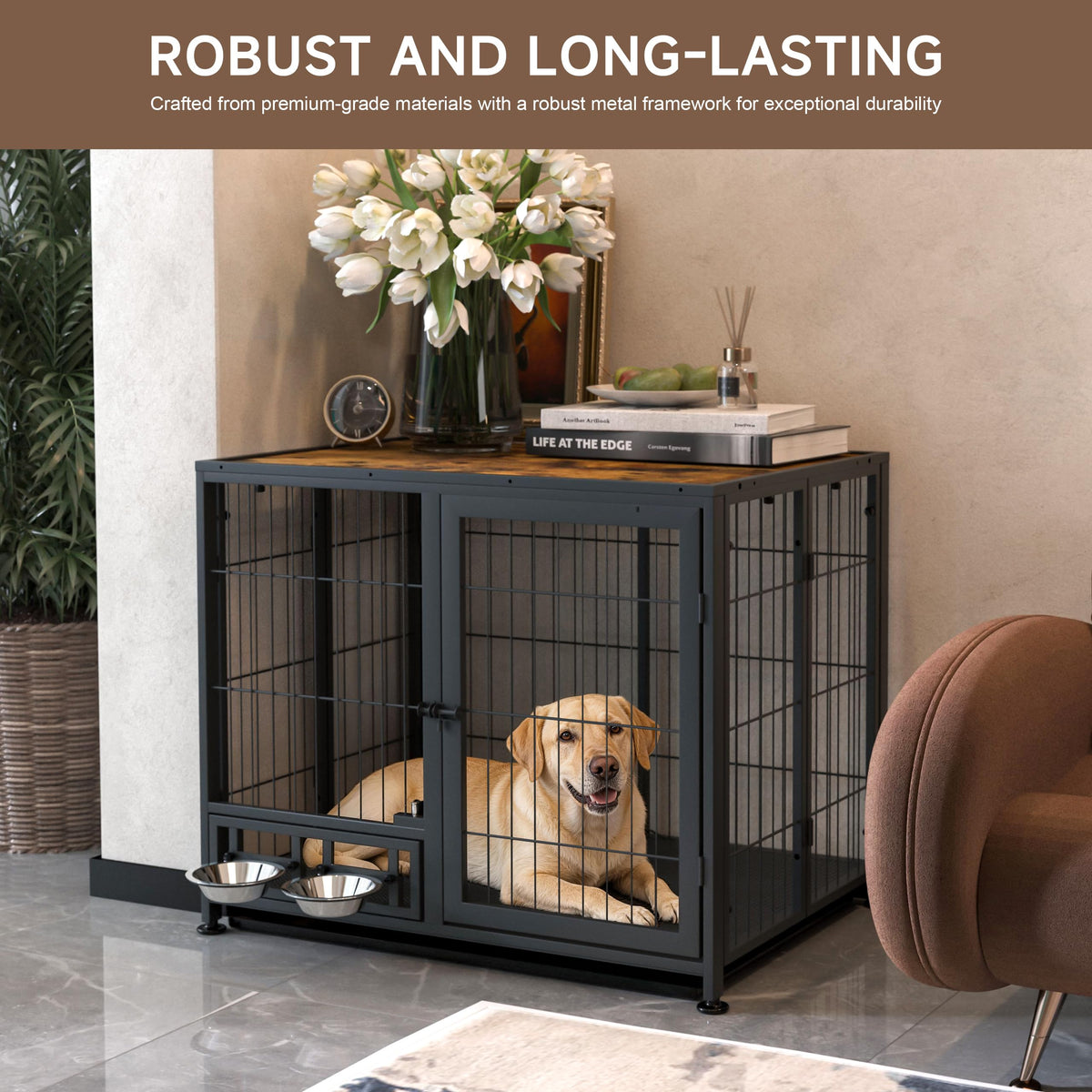 Heavy Duty Foldable Dog Crate with Wheels & Feeding Bowls M596