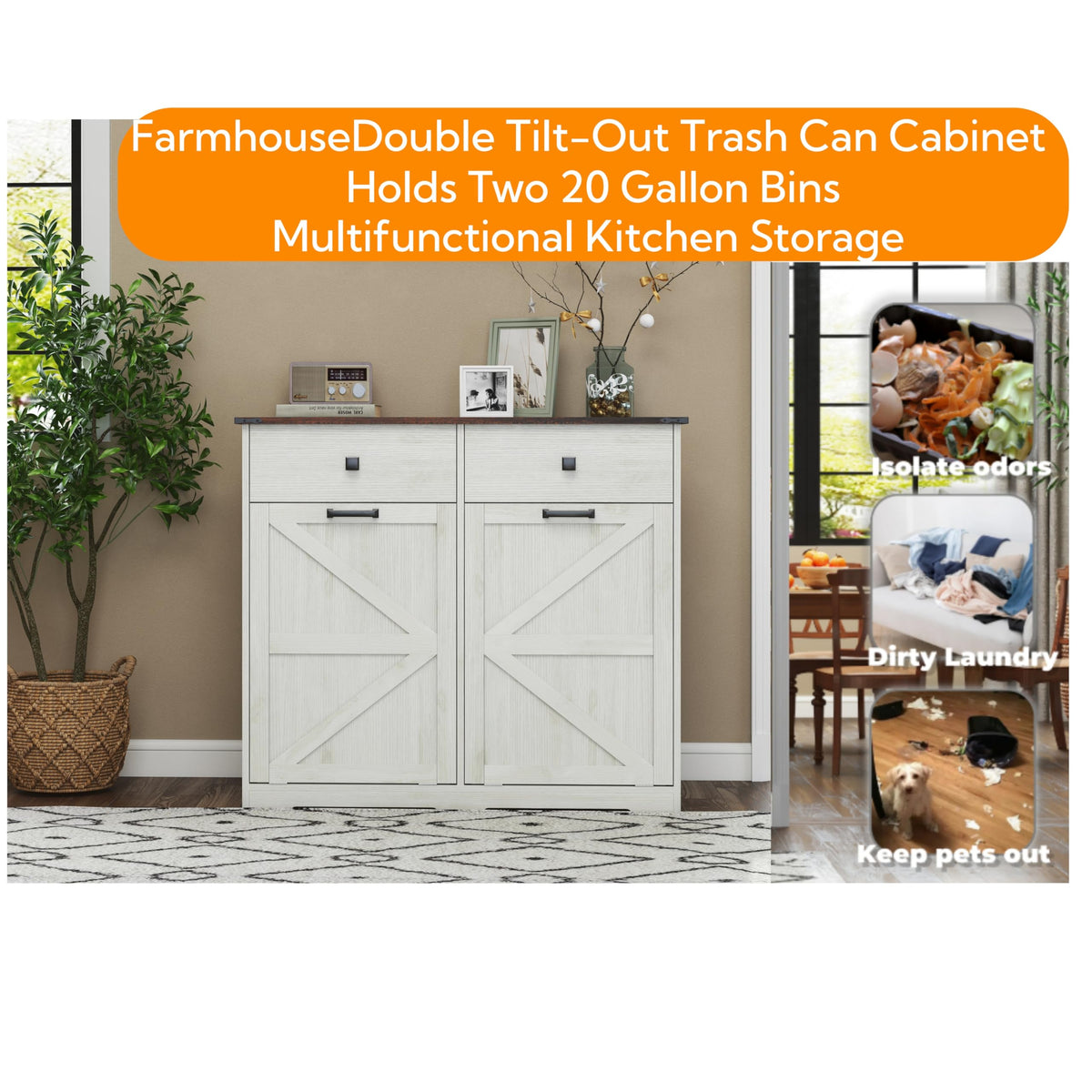 Double Tilt Out Trash Cabinet with Storage Drawers, Antique White Z5772