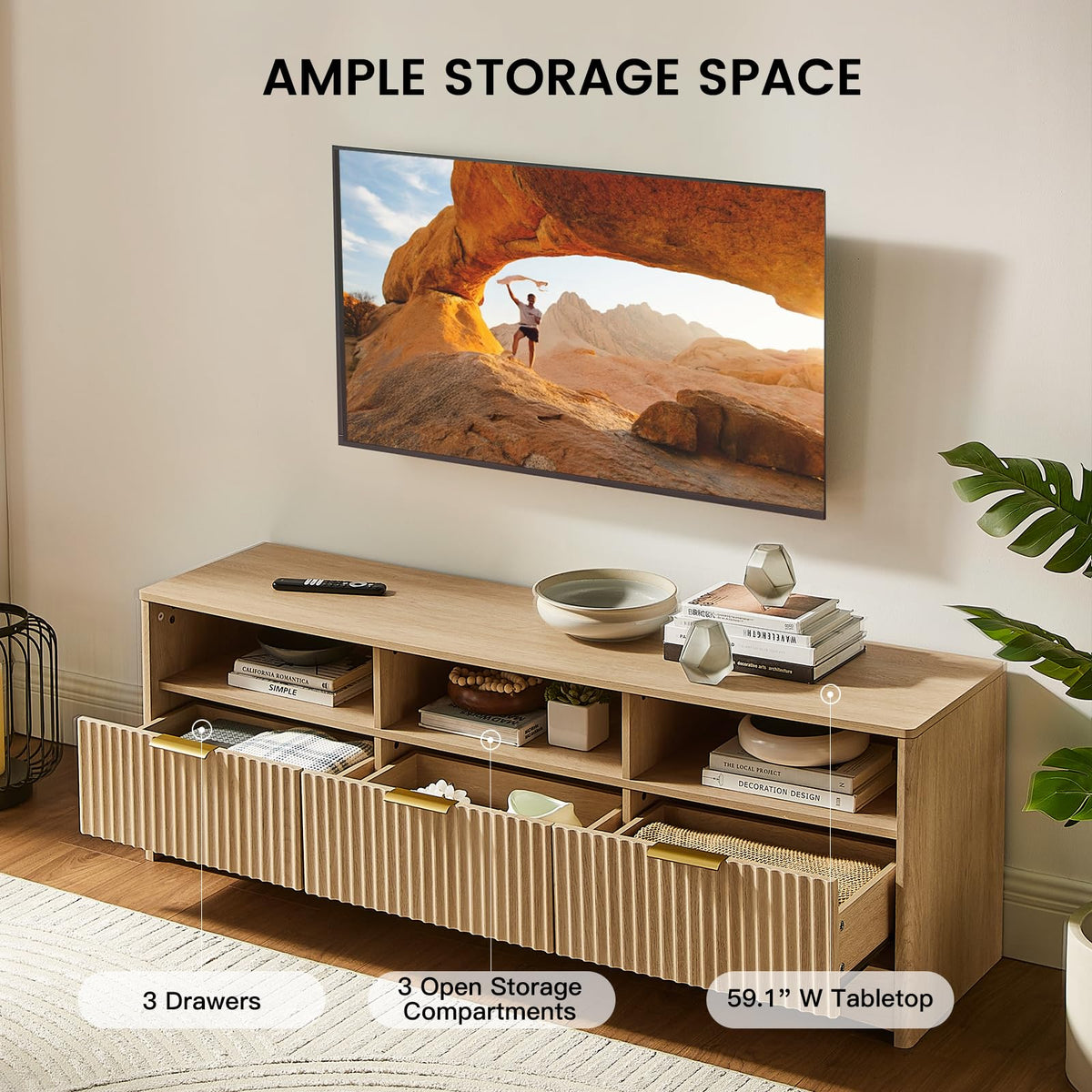 Fluted TV Stand with Storage Drawers and Open Shelf W453420