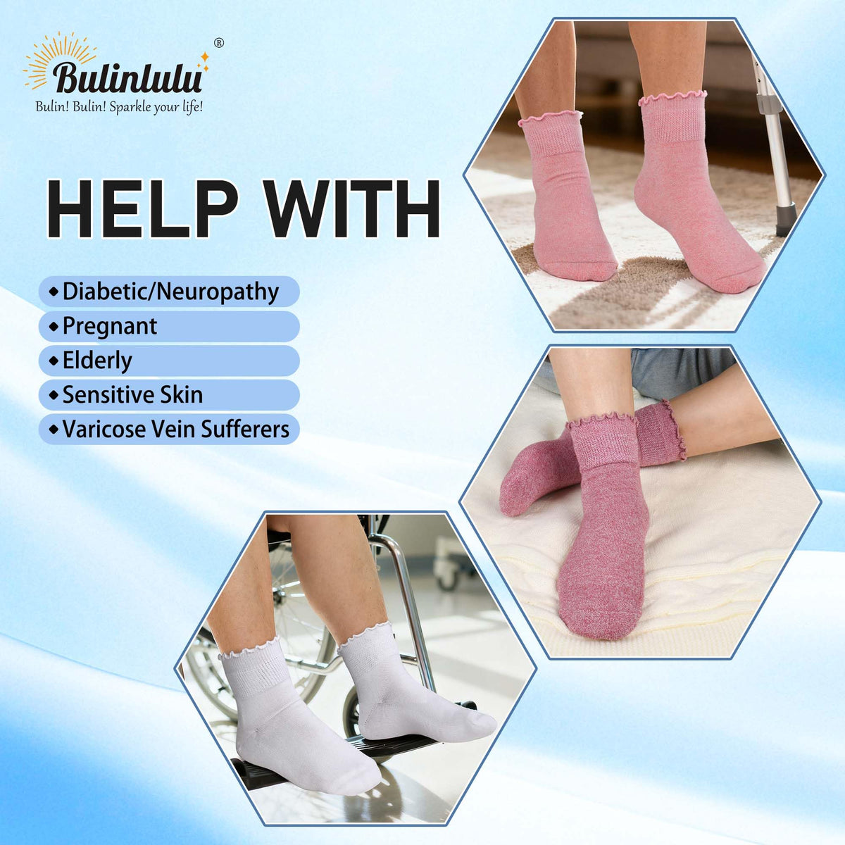 Women's 6 Pairs Non-Binding Diabetic Socks Size 9-11 K730
