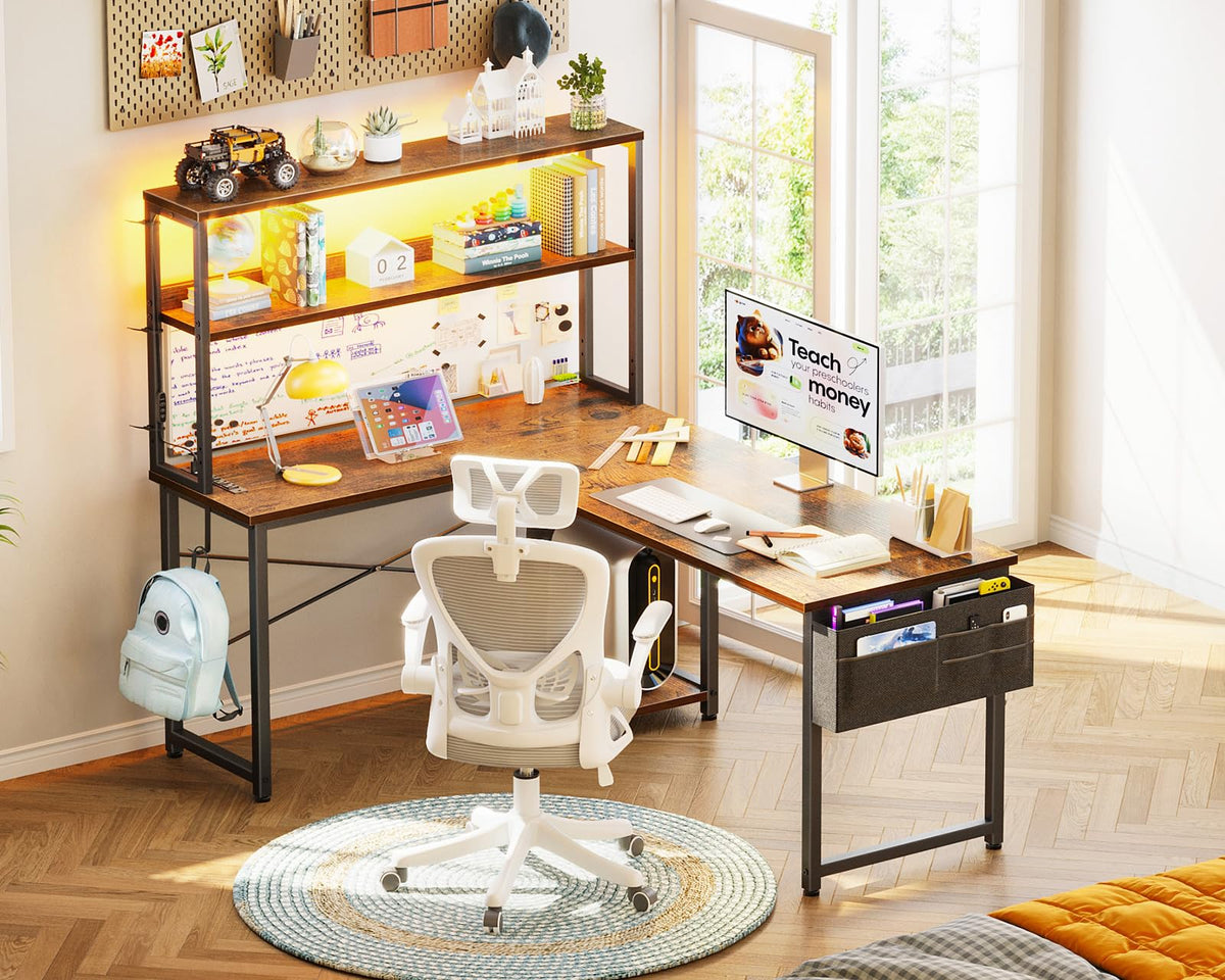 L Shaped Desk with LED Light & Power Outlet V68219