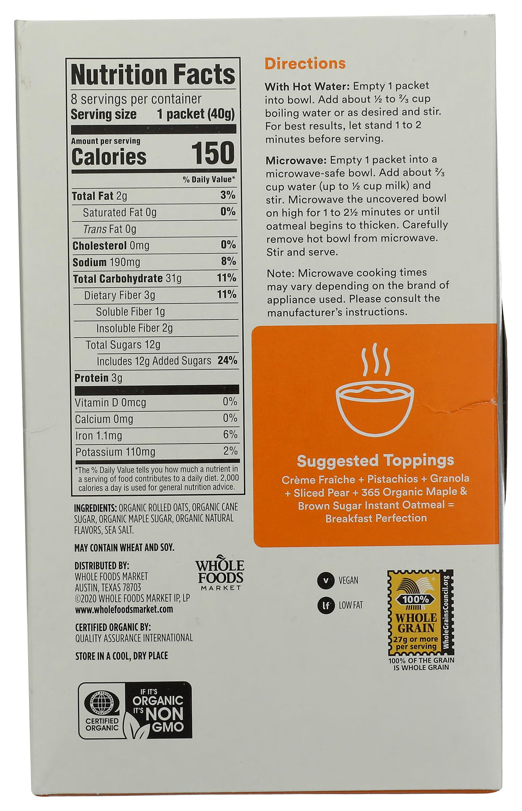 Organic Maple & Brown Sugar Instant Oatmeal Packets, 1.41 Ounce (Pack of 8) V172