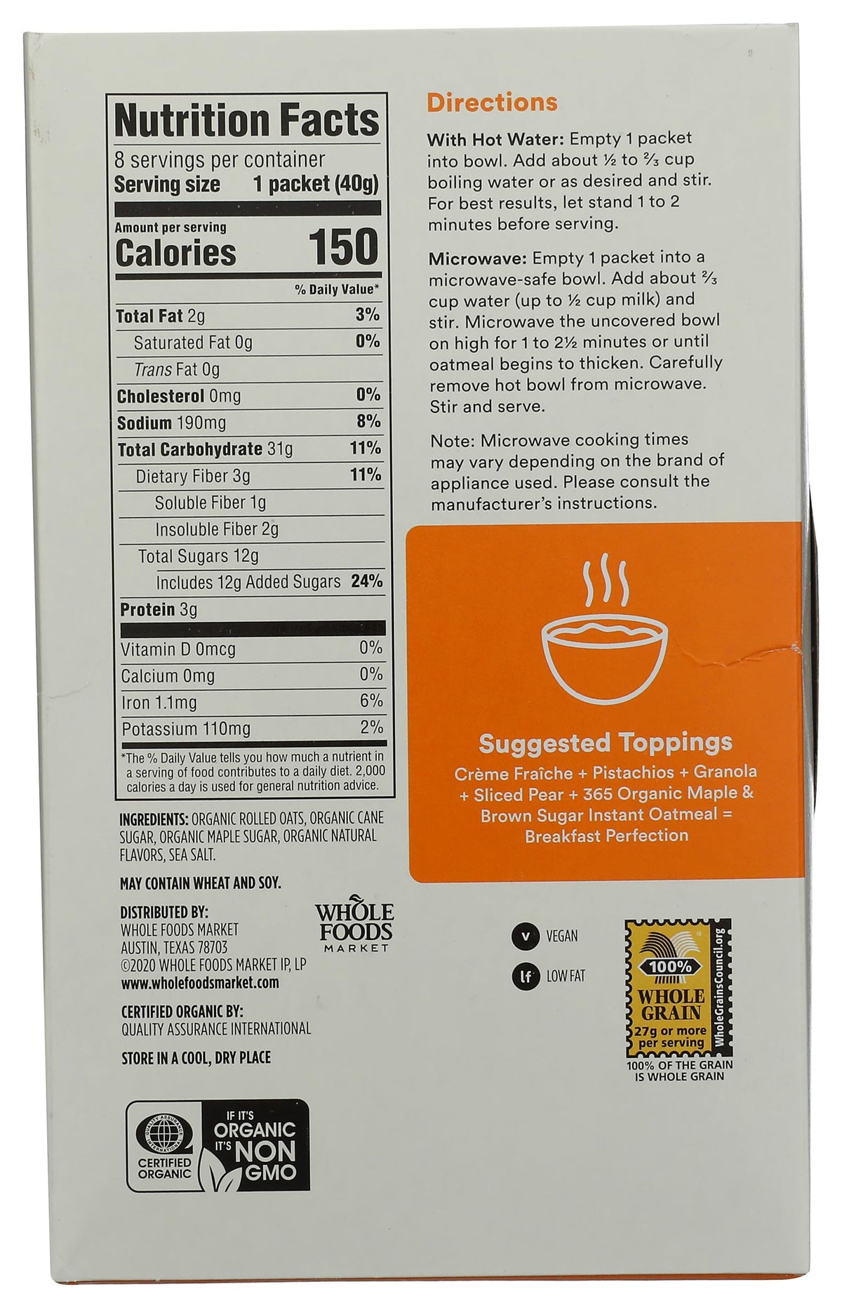 Organic Maple & Brown Sugar Instant Oatmeal Packets, 1.41 Ounce (Pack of 8) V172
