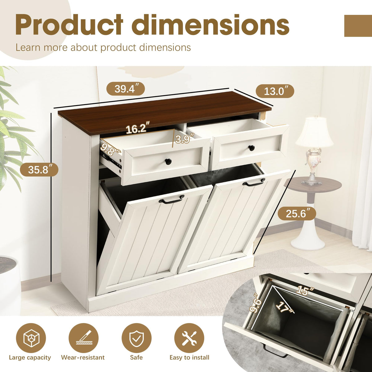 White 22 Gallon Wooden Laundry Hamper Cabinet with 2 Drawers K517097