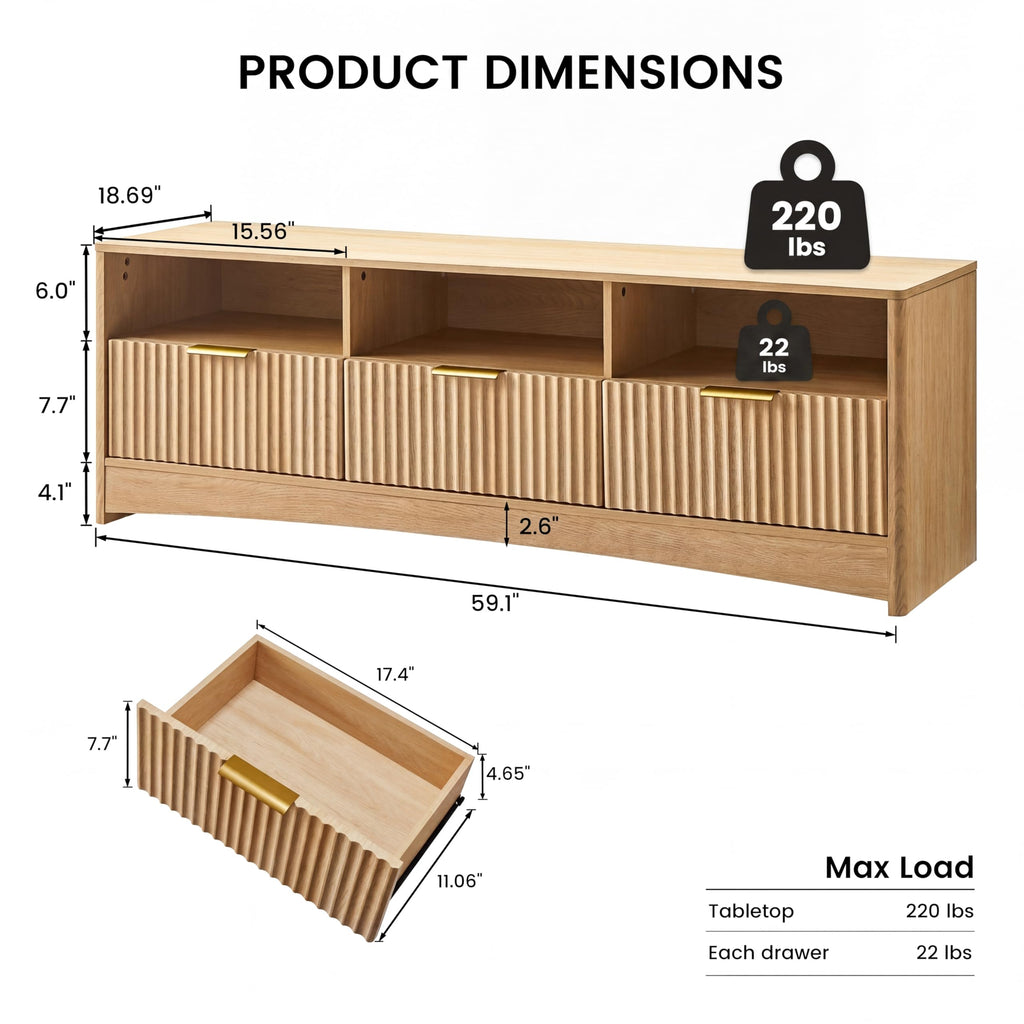 Fluted TV Stand with Storage Drawers and Open Shelf W453420